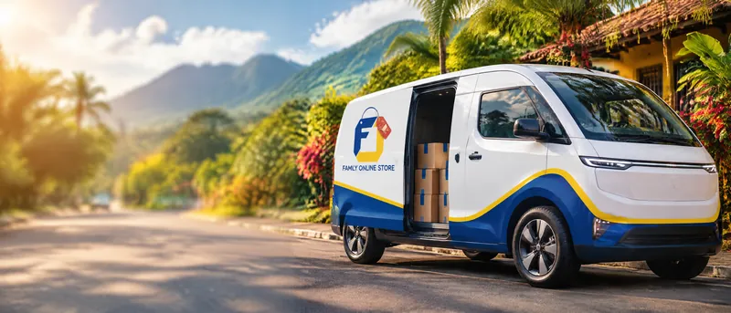 Van eléctrica de reparto de Family Online Store con cajas listas para entregar en Costa Rica