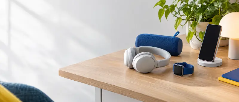 Escritorio moderno con dispositivos electrónicos y accesorios tecnológicos del hogar