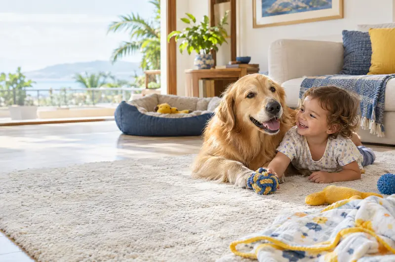 Familia con su perro en casa, ambiente cálido y cercano