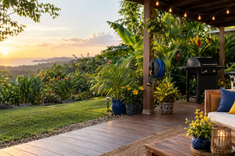 Patio y jardín con plantas, macetas y herramientas de jardinería al aire libre