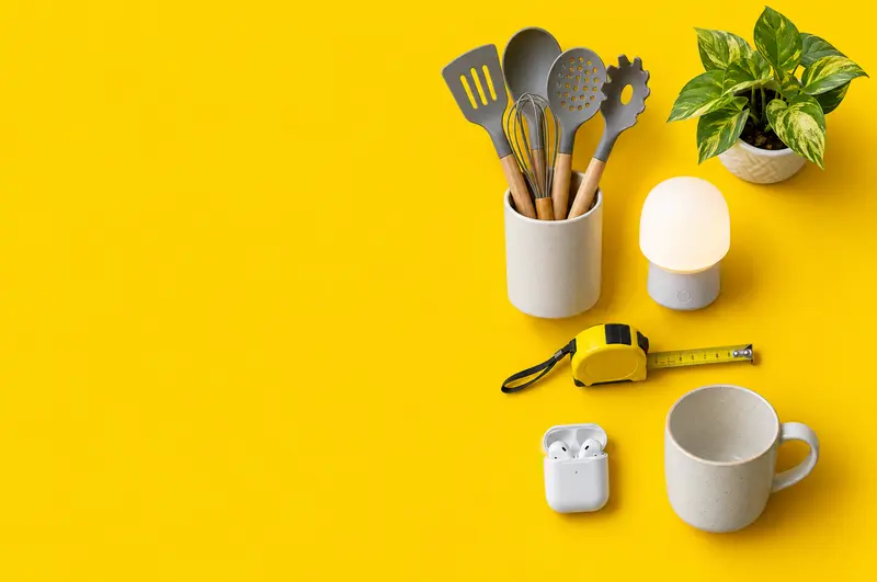 Variedad de productos para el hogar, el taller y el tiempo libre sobre fondo de color vivo