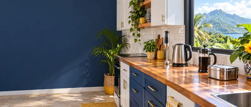 Cocina iluminada con batidora, hervidor, prensa francesa y lonchera sobre la encimera