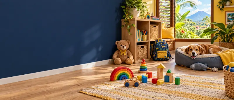Cuarto de juegos con juguetes, peluche, mochila y un perro en su cama