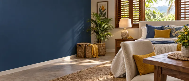 Sala y dormitorio acogedores con lámpara, cojines y canastas