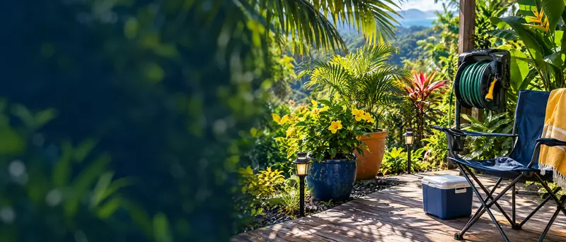 Patio con plantas, manguera, luces solares, silla plegable y hielera