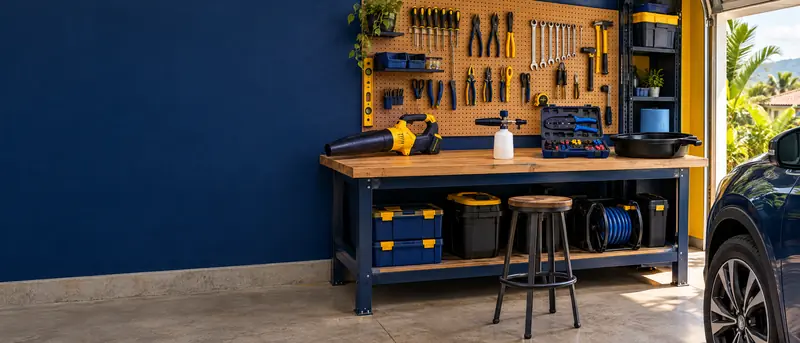 Taller en casa con herramientas colgadas y banco de trabajo