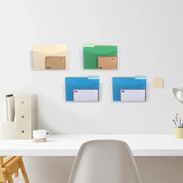 Paquete de 4 organizadores transparentes para colgar archivos de un solo bolsillo, soporte de plástico para revistas, correos de papel, contenedores montados para oficina, escuela y hogar, foto 1 de 5