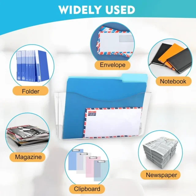 Paquete de 4 organizadores transparentes para colgar archivos de un solo bolsillo, soporte de plástico para revistas, correos de papel, contenedores montados para oficina, escuela y hogar, foto 2 de 5