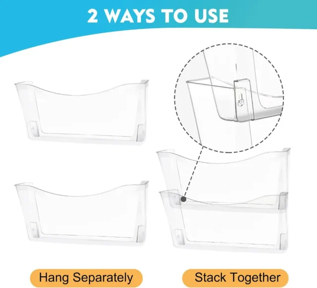 Paquete de 4 organizadores transparentes para colgar archivos de un solo bolsillo, soporte de plástico para revistas, correos de papel, contenedores montados para oficina, escuela y hogar, foto 3 de 5