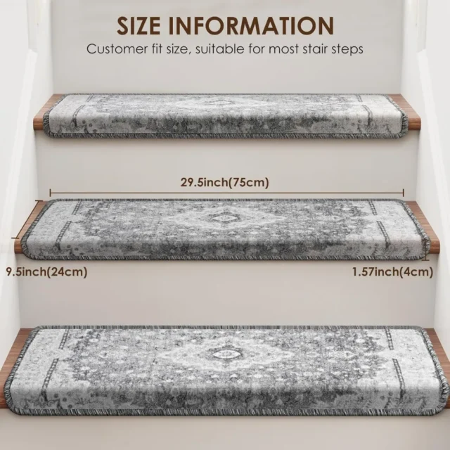 Juego de 14 Peldaños alfombrados antideslizantes para escaleras de madera con borde protector tipo bullnose. Reducen resbalones, protegen contra desgaste y son suaves, lavables y reutilizables., foto 4 de 6