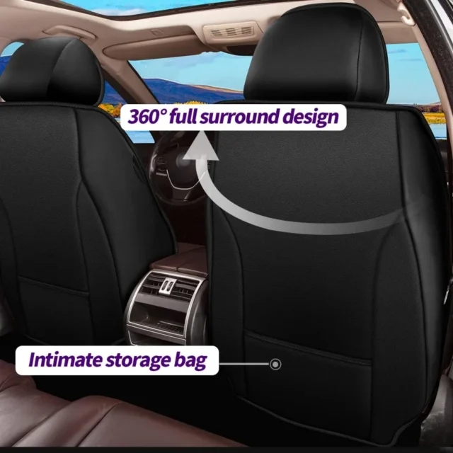 Fundas de asientos de coche compatibles con Infiniti Q50 2014-2026, juego completo de 5 asientos, de piel sintética, impermeable, protector compatible con airbag, color negro, foto 3 de 5
