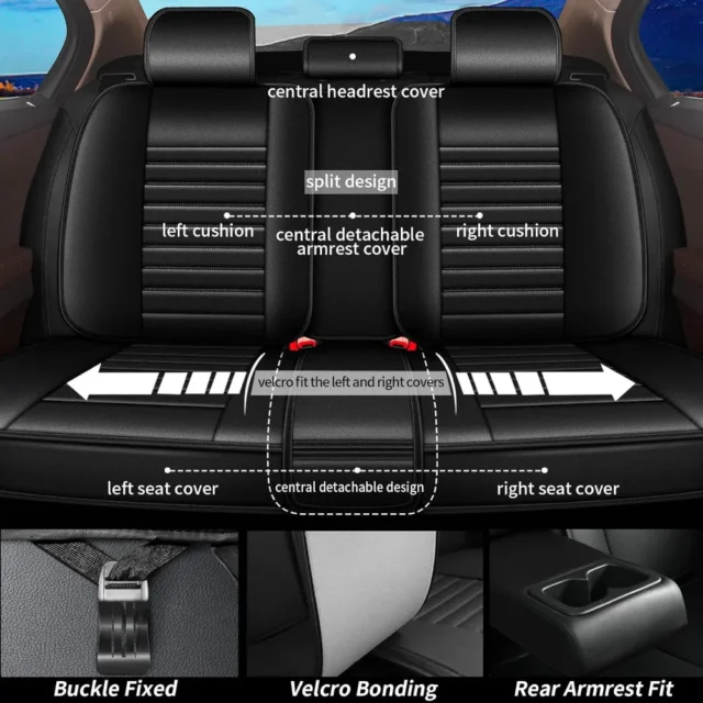 Fundas de asientos de coche compatibles con Infiniti Q50 2014-2026, juego completo de 5 asientos, de piel sintética, impermeable, protector compatible con airbag, color negro, foto 4 de 5