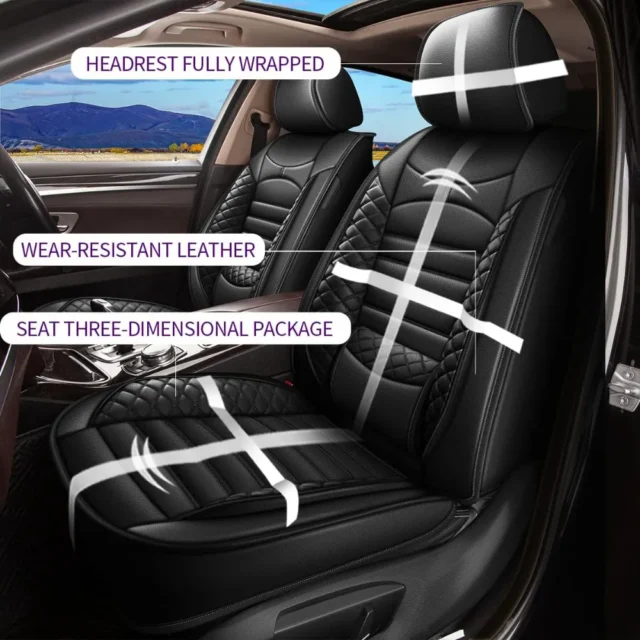 Fundas de asientos de coche compatibles con Infiniti Q50 2014-2026, juego completo de 5 asientos, de piel sintética, impermeable, protector compatible con airbag, color negro, foto 5 de 5