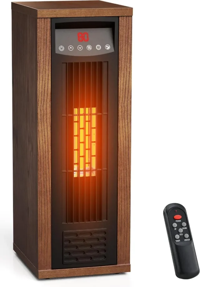 Calentador de espacio infrarrojo Air Choice, portátil, 1500W, control remoto, termostato digital, torre de calefacción rápida y silenciosa, para interiores, color nogal, foto 1 de 6