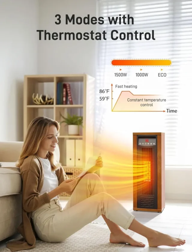 Calentador de espacio infrarrojo Air Choice, portátil, 1500W, control remoto, termostato digital, torre de calefacción rápida y silenciosa, para interiores, color nogal, foto 4 de 6