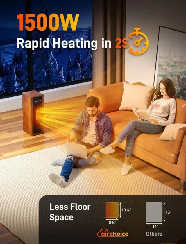 Calentador de espacio infrarrojo Air Choice, portátil, 1500W, control remoto, termostato digital, torre de calefacción rápida y silenciosa, para interiores, color nogal, foto 5 de 6