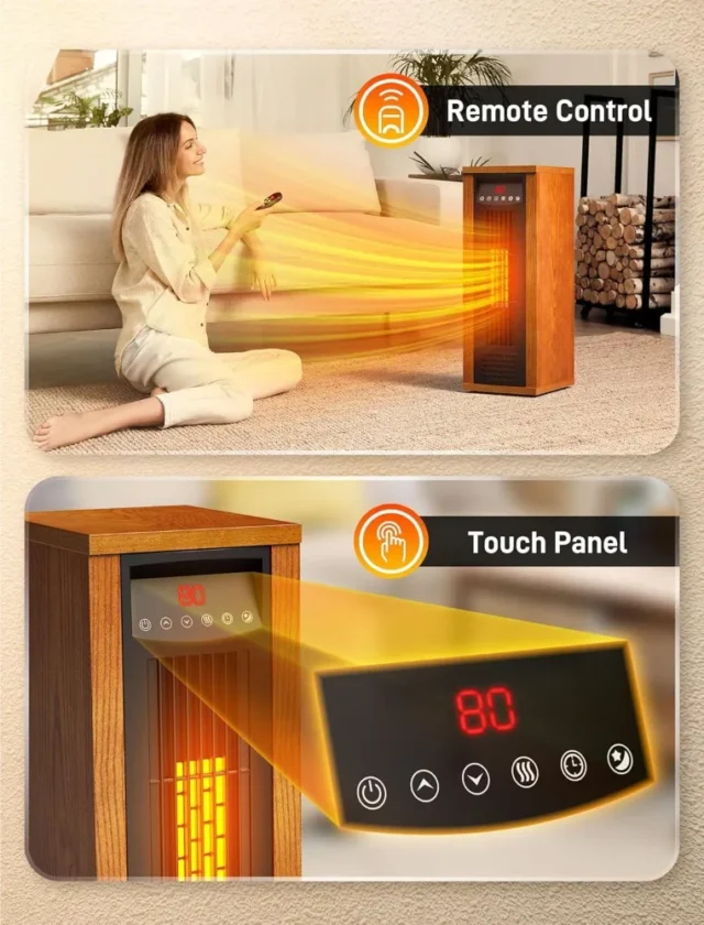 Calentador de espacio infrarrojo Air Choice, portátil, 1500W, control remoto, termostato digital, torre de calefacción rápida y silenciosa, para interiores, color nogal, foto 6 de 6