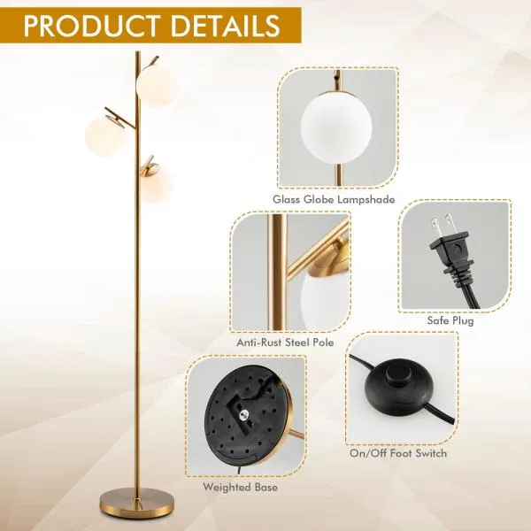 Lámpara de pie moderna de 3 globos dorada, con interruptor de pie, diseño elegante y estable, ideal para sala de estar, dormitorio y oficina, foto 5 de 5