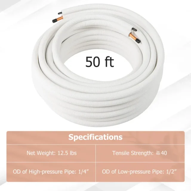 Juego de minilíneas divididas de 50 pies, tubería de cobre de 1/4'' y 1/2'' OD, aislamiento de triple capa, alta presión, conductividad térmica superior, resistencia a la intemperie, foto 4 de 5