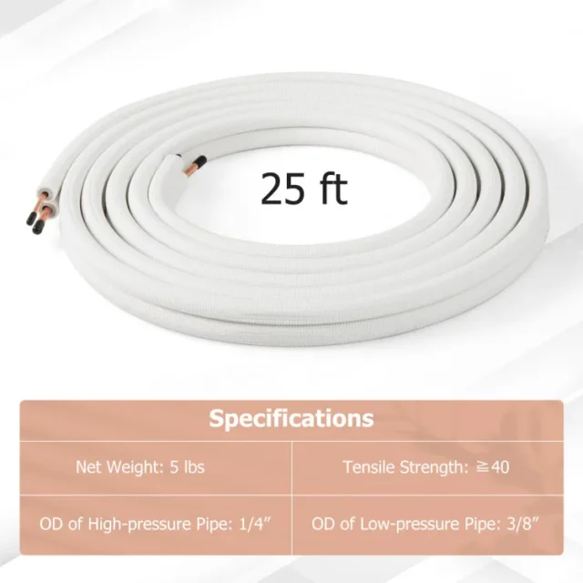 Juego de tuberías de cobre para mini split, 25 pies, 1/4 y 3/8 pulgadas, aislamiento triple capa, alta presión, resistencia al clima, fácil instalación, para HVAC, foto 4 de 6