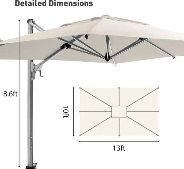 Sombrilla de patio rectangular 10x13 pies, rotación 360°, marco aluminio resistente al viento, impermeable y protección UV, para jardín, piscina y terraza, foto 6 de 6