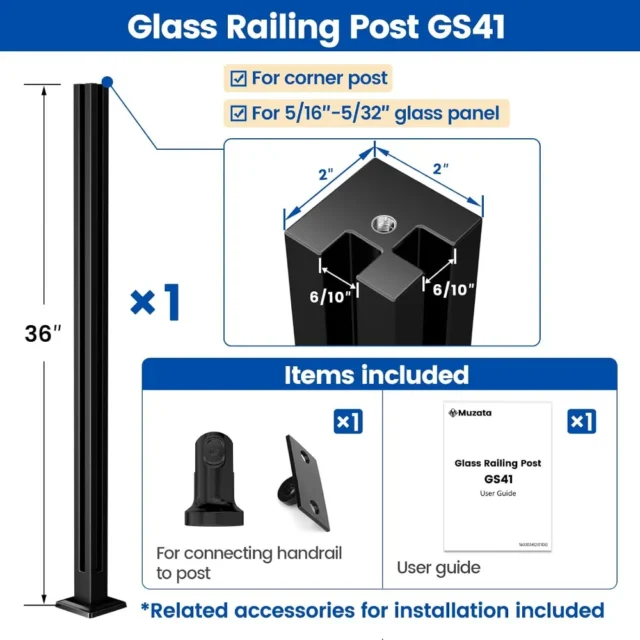 Juego de 6 postes de barandilla de vidrio negro de 36'', acero inoxidable 304, con soporte para pasamanos, para interior y exterior., foto 6 de 6