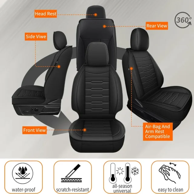 Fundas de asiento personalizadas para Ford Bronco 2021-2025, fundas de asiento delanteras impermeables de cuero con cobertura total para camioneta (2 asientos, color negro), foto 2 de 6