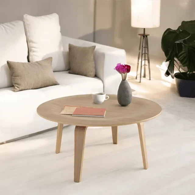 Mesa de centro moderna redonda, diseño minimalista, madera maciza multicapa de abedul, acabado natural, para sala de estar y oficina, foto 1 de 5
