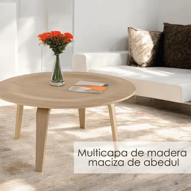 Mesa de centro moderna redonda, diseño minimalista, madera maciza multicapa de abedul, acabado natural, para sala de estar y oficina, foto 5 de 5
