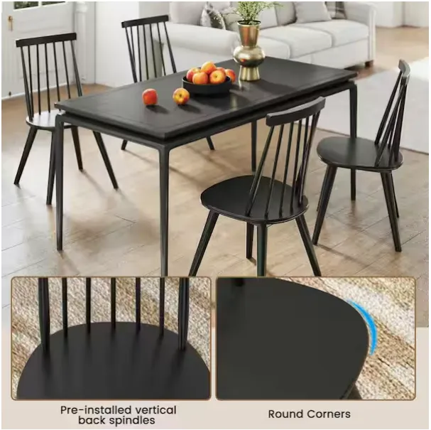 Sillas de comedor Windsor, juego de 2, con respaldo alto de husillo, marco de madera de caucho, color negro, para hogar y cocina, foto 4 de 5