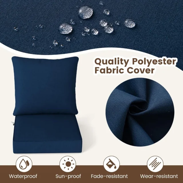 Juego de cojines para muebles de patio, cojín de asiento y respaldo, poliéster y algodón, resistente al agua y a los rayos solares, para interior y exterior, azul marino, foto 2 de 5
