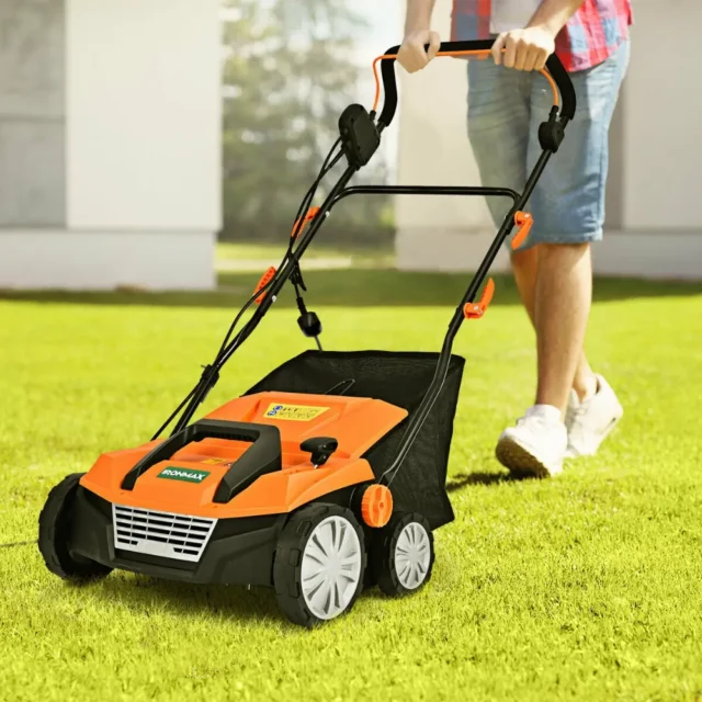 Scarifier eléctrico con cable de 15 pulgadas, 13 amperios, con bolsa de recolección y cuchillas extraíbles, 4 alturas de corte, motor potente, para jardín, foto 1 de 6
