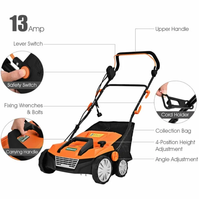 Scarifier eléctrico con cable de 15 pulgadas, 13 amperios, con bolsa de recolección y cuchillas extraíbles, 4 alturas de corte, motor potente, para jardín, foto 3 de 6