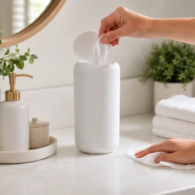 Dispensador recargable Biom para toallitas a base de plantas, blanco, sin BPA, para uso múltiple, componentes de silicona, foto 1 de 4