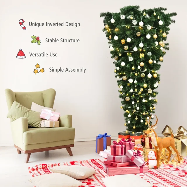 Árbol de Navidad Artificial Invertido 7 Pies 1000 Puntas Ramas Verdes PVC sin Luces Base Metal, foto 4 de 5