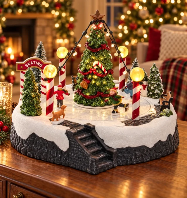 Villa navideña decorativa con árbol iluminado, pista de patinaje y figuras. Ideal para decorar mesas, repisas o espacios navideños., foto 1 de 3