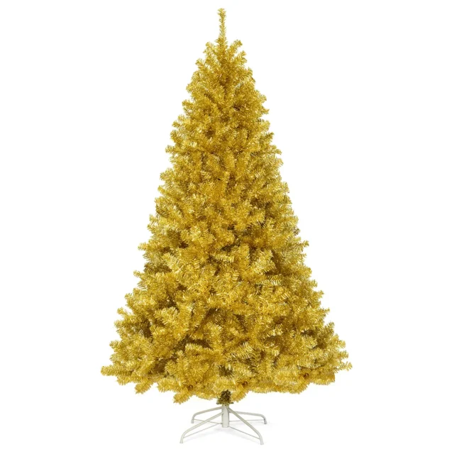 Árbol de Navidad artificial Costway de oropel dorado champán 225 cm con 1258 puntas, soporte metal resistente, PVC inodoro, armable en 3 secciones, foto 2 de 3