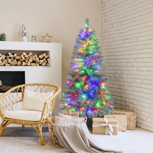 Árbol de Navidad artificial azul PreLit 4.5 ft con 9 modos de iluminación LED multicolor y blanco cálido, diseño slim de 2 secciones, base metálica estable e incluye guantes de protección, foto 6 de 6