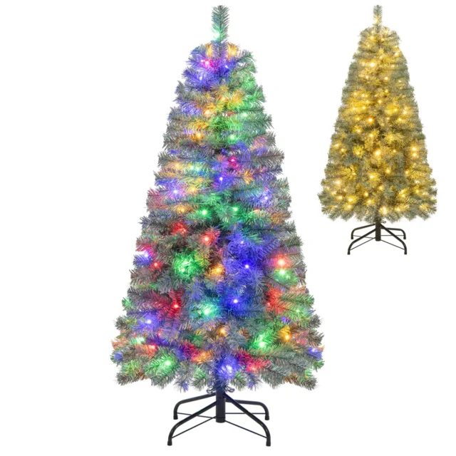 Árbol de Navidad artificial azul PreLit 4.5 ft con 9 modos de iluminación LED multicolor y blanco cálido, diseño slim de 2 secciones, base metálica estable e incluye guantes de protección, foto 1 de 6
