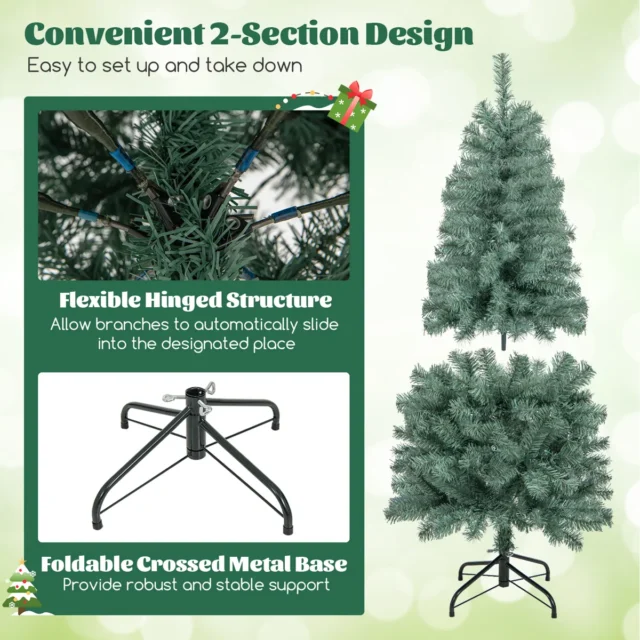 Árbol de Navidad artificial azul PreLit 4.5 ft con 9 modos de iluminación LED multicolor y blanco cálido, diseño slim de 2 secciones, base metálica estable e incluye guantes de protección, foto 3 de 6