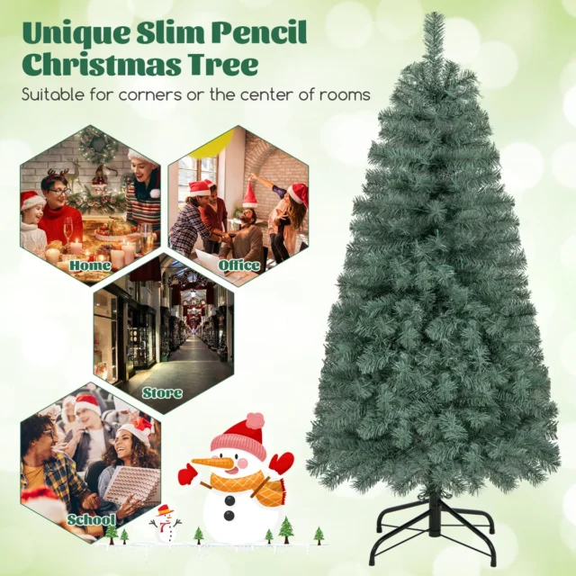 Árbol de Navidad artificial azul PreLit 4.5 ft con 9 modos de iluminación LED multicolor y blanco cálido, diseño slim de 2 secciones, base metálica estable e incluye guantes de protección, foto 2 de 6