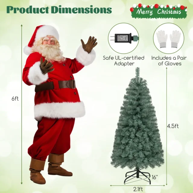 Árbol de Navidad artificial azul PreLit 4.5 ft con 9 modos de iluminación LED multicolor y blanco cálido, diseño slim de 2 secciones, base metálica estable e incluye guantes de protección, foto 5 de 6