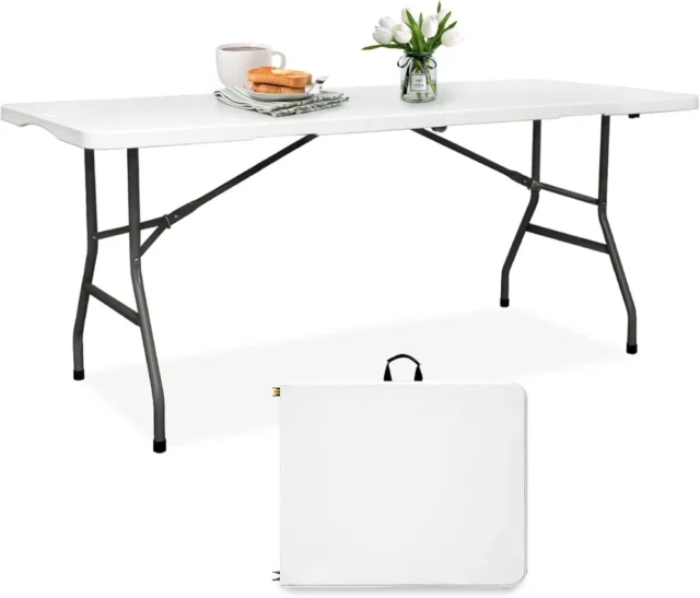 Mesa plegable de plástico portátil resistente de 6 pies, color blanco, para exterior, camping, fiestas, eventos, bodas, picnics, interior, trabajo, reuniones, banquetes y barbacoas, foto 1 de 6