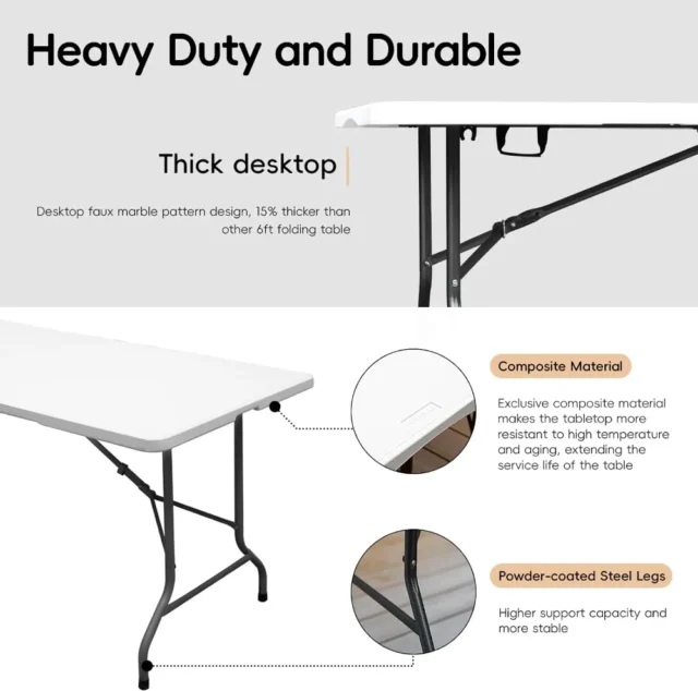 Mesa plegable de plástico portátil resistente de 6 pies, color blanco, para exterior, camping, fiestas, eventos, bodas, picnics, interior, trabajo, reuniones, banquetes y barbacoas, foto 3 de 6