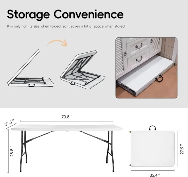 Mesa plegable de plástico portátil resistente de 6 pies, color blanco, para exterior, camping, fiestas, eventos, bodas, picnics, interior, trabajo, reuniones, banquetes y barbacoas, foto 5 de 6