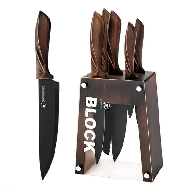 Set de 5 cuchillos de cocina con bloque de madera, hojas de acero inoxidable afiladas y duraderas, mango ergonómico, antioxidación y anticorrosión, para hogar y cocina, foto 1 de 5