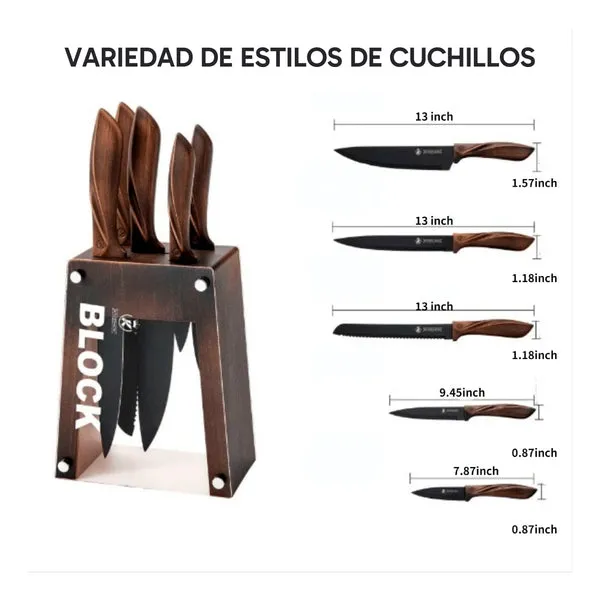Set de 5 cuchillos de cocina con bloque de madera, hojas de acero inoxidable afiladas y duraderas, mango ergonómico, antioxidación y anticorrosión, para hogar y cocina, foto 3 de 5