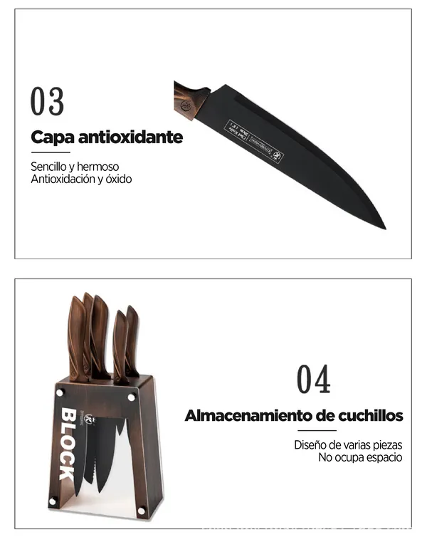 Set de 5 cuchillos de cocina con bloque de madera, hojas de acero inoxidable afiladas y duraderas, mango ergonómico, antioxidación y anticorrosión, para hogar y cocina, foto 4 de 5