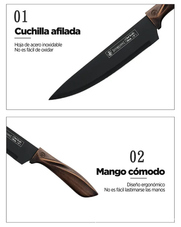 Set de 5 cuchillos de cocina con bloque de madera, hojas de acero inoxidable afiladas y duraderas, mango ergonómico, antioxidación y anticorrosión, para hogar y cocina, foto 5 de 5