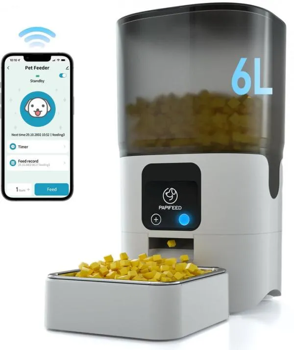 Dispensador automático de comida para mascotas, 6 litros de capacidad, control remoto WiFi, hasta 30 comidas diarias, porciones ajustables, acero inoxidable, para perros y gatos, foto 1 de 5